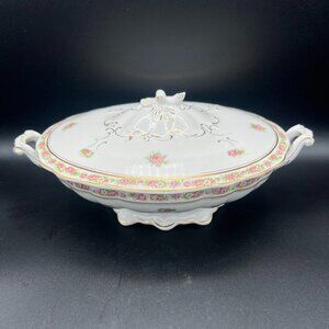 Antique 1875-1920 Mercer Lidded Oval Tureen with Pink Rose Pattern